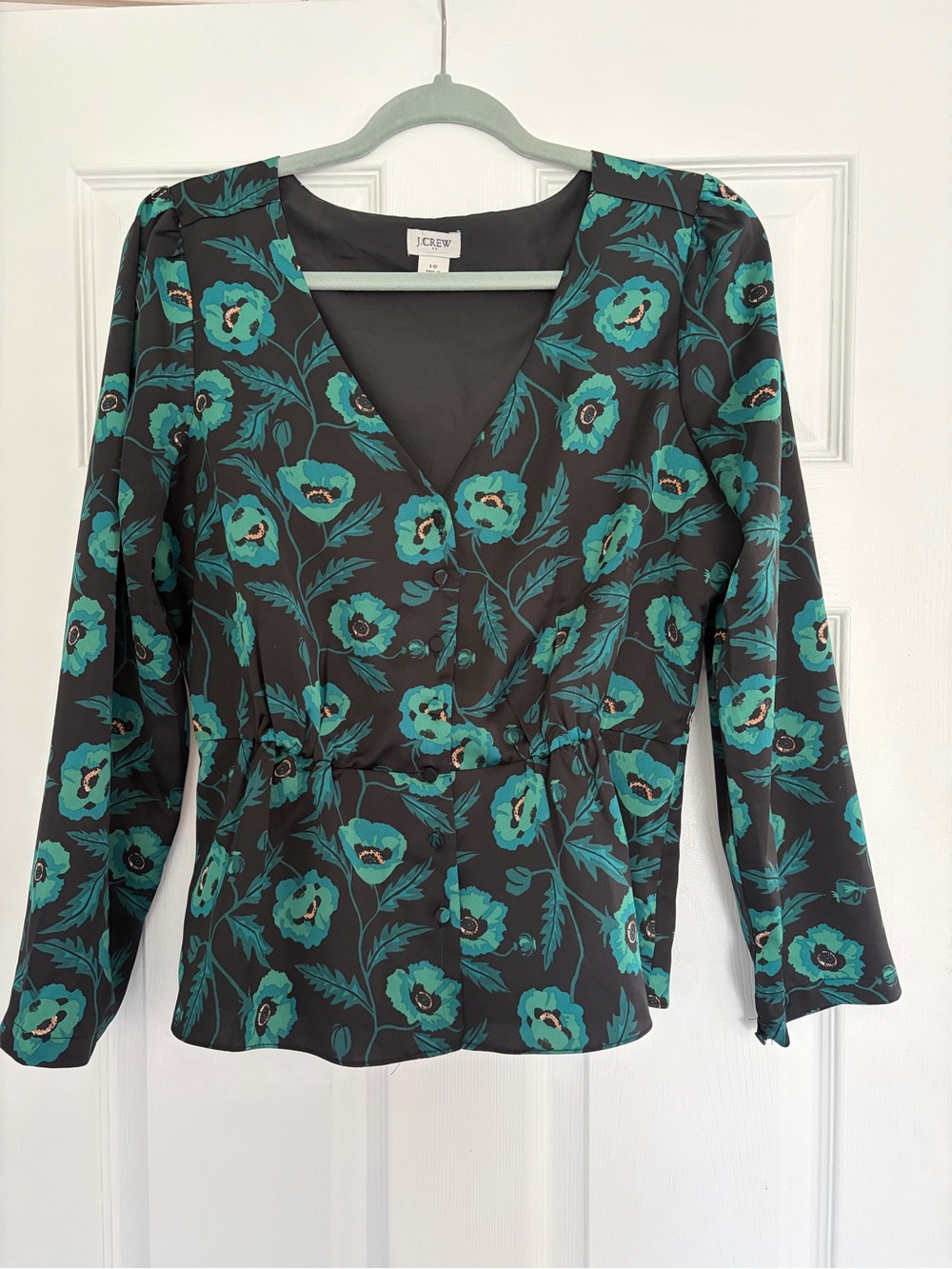 J. Crew Black Floral V-Neck Peplum Blouse with Teal Flowers